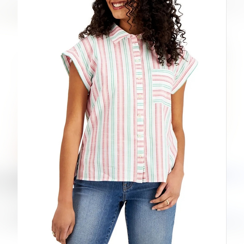 STYLE & CO Striped 100% Cotton Button Down Collared Top SIZE: PETITE LARGE